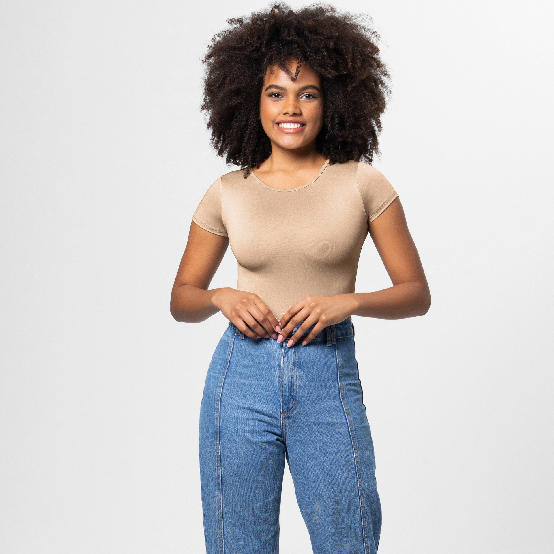 Womens Seamless Short Sleeve Bodysuit - Round Neck Thong Body Shaper